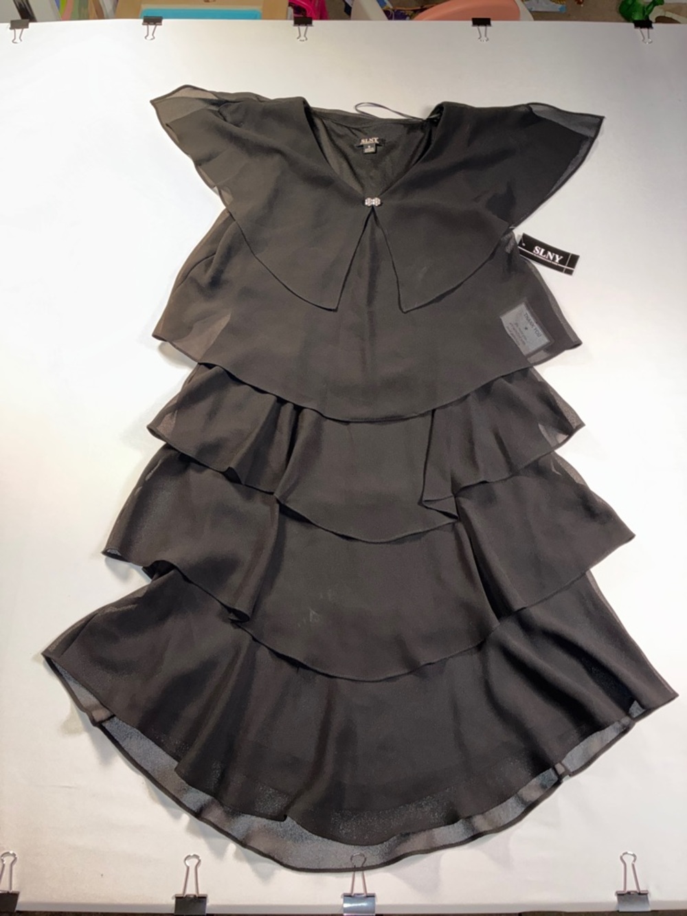 SLNY Black Layered Ruffle High-Low Dress Womens Size 8